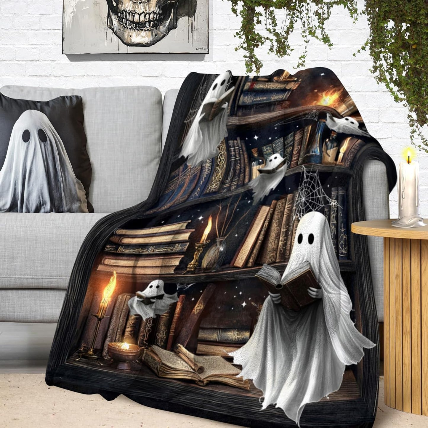 Halloween Throw Blanket Funny Cute Ghost Blankets Black and White Horror Ghost Reading A Book Warm Cozy Soft Flannel Fleece Blanket for Kids Adults Couch Bed Sofa Travel Camping All Season 40"X60"