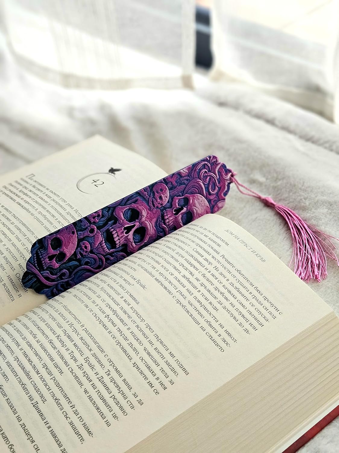 Gothic Skull Bookmark with Pink Tassel, 3D Printed, Purple and Navy Design, Horror Theme Decorative Page Marker