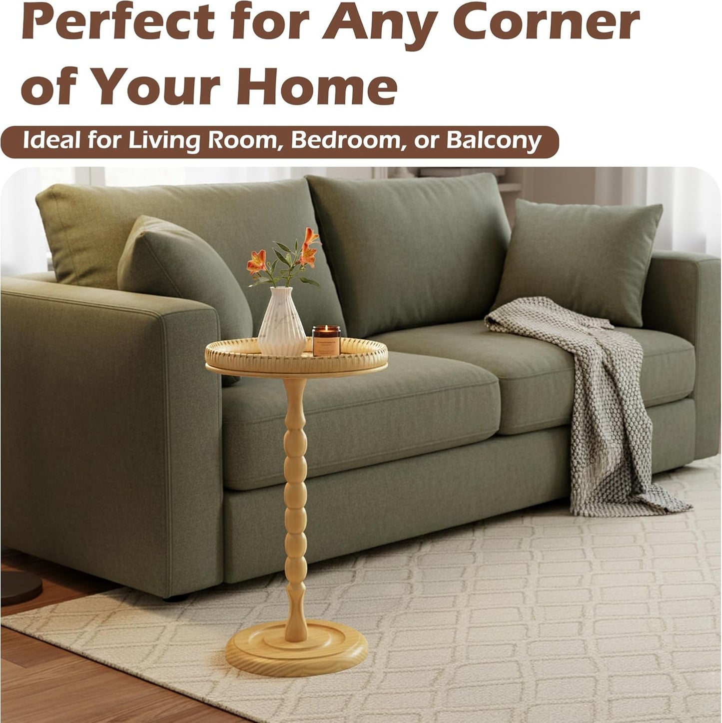 Drink Table,21" H Rattan Small Side Table with Solid Wood Leg Stand, Boho Accent Cocktail Tables for Small Spaces,Round End Table for Living Room,Bedroom and Corners