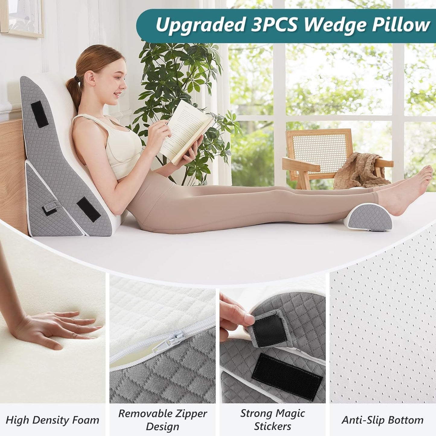 Bed Wedge Pillow Set for Sleeping 3 PCS - 16.5" Wide Triangle Pillow for Back Leg Pain Relief with Washable Cover - 35D Foam Wedge Pillow Post Surgery for Acid Reflux & Snoring (White Grey)