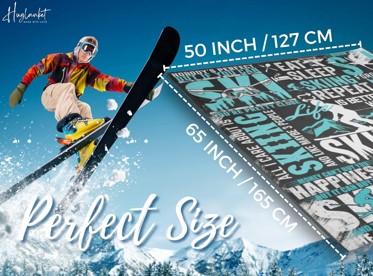 Flannel Plush Blanket, Unique Ski Design - Throw Blanket Gifts for Skier - Quotes About Ski - 50"x 65"