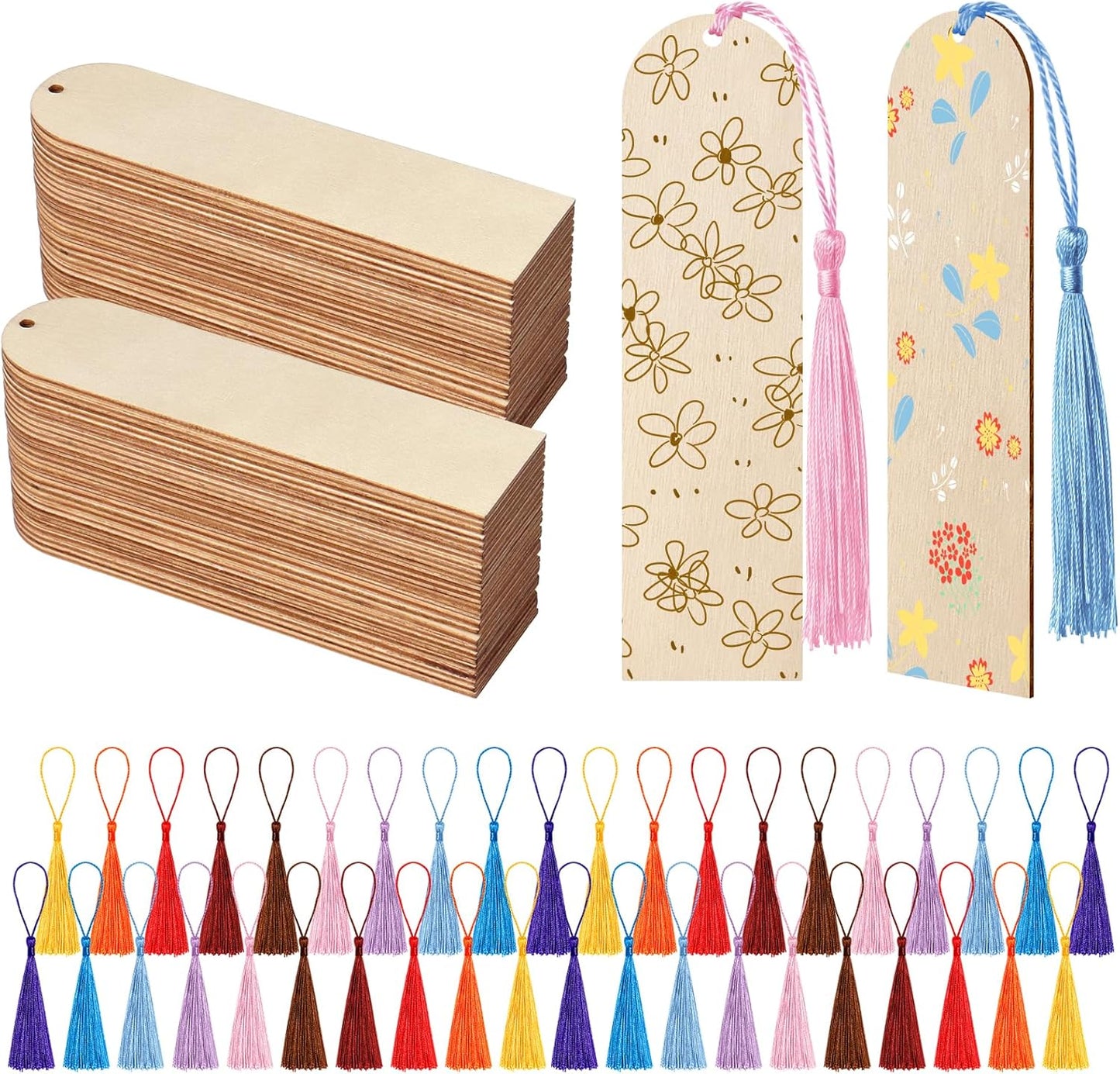 50 PCS Wooden Bookmarks with 50 PCS Multi-Color Tassels,4.7x1.2 in Blank Bookmark DIY Bookmarks,Book Mark Craft for Christmas, Valentine’s Day, Birthdays