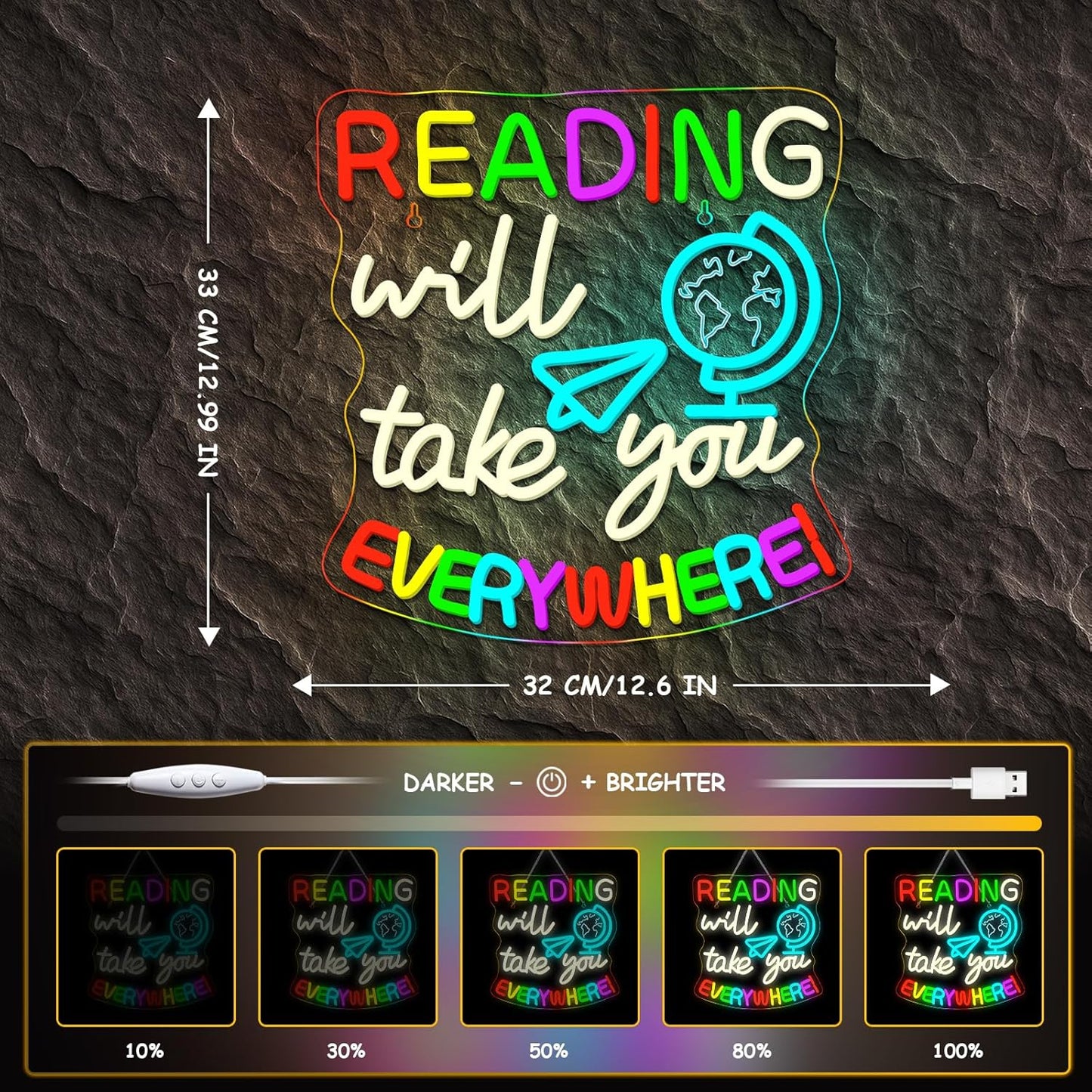 Study Neon Signs Reading Will Take You Everywhere Neon Sign Classroom Wall Decor Light Up Reading Corner Bedroom LED Learn Lights for Teens Room Books Lover Gifts for Teachers
