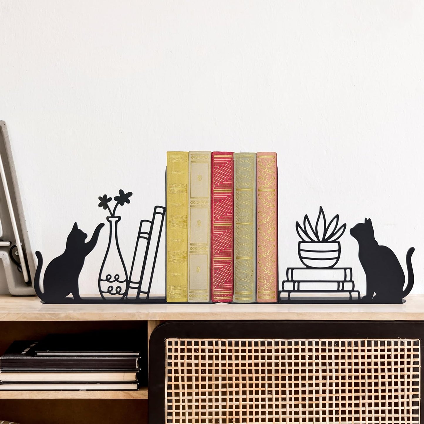 Whimsical Cat & Botanical Bookends – Unique Metal Bookends with Cats, Plants & Stacked Books Design | Cute Decorative Book Supports for Cat Lovers