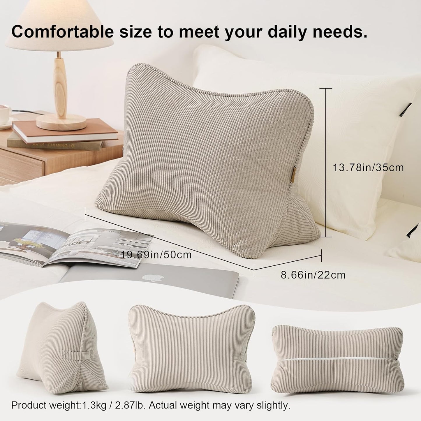 Corduroy Lumbar Support Back Pillow for Watching TV, Relaxing & Gaming, Ergonomic Triangle Support Cushion for Sofa, Armchair & Bed Sitting, Removable Washable Cover, Beige Gray