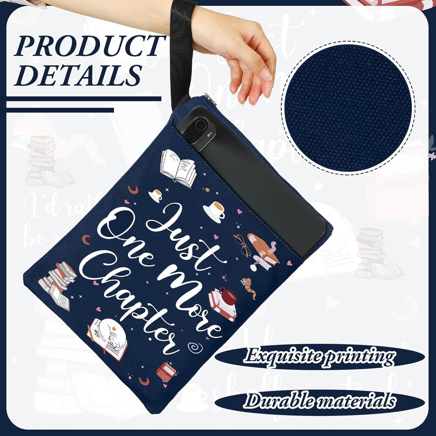 2 Pcs Book Sleeves Just One More Chapter Canvas Book Cover Pouches with Zipper Washable Front Pocket Gifts for Books Lover Reader Reading