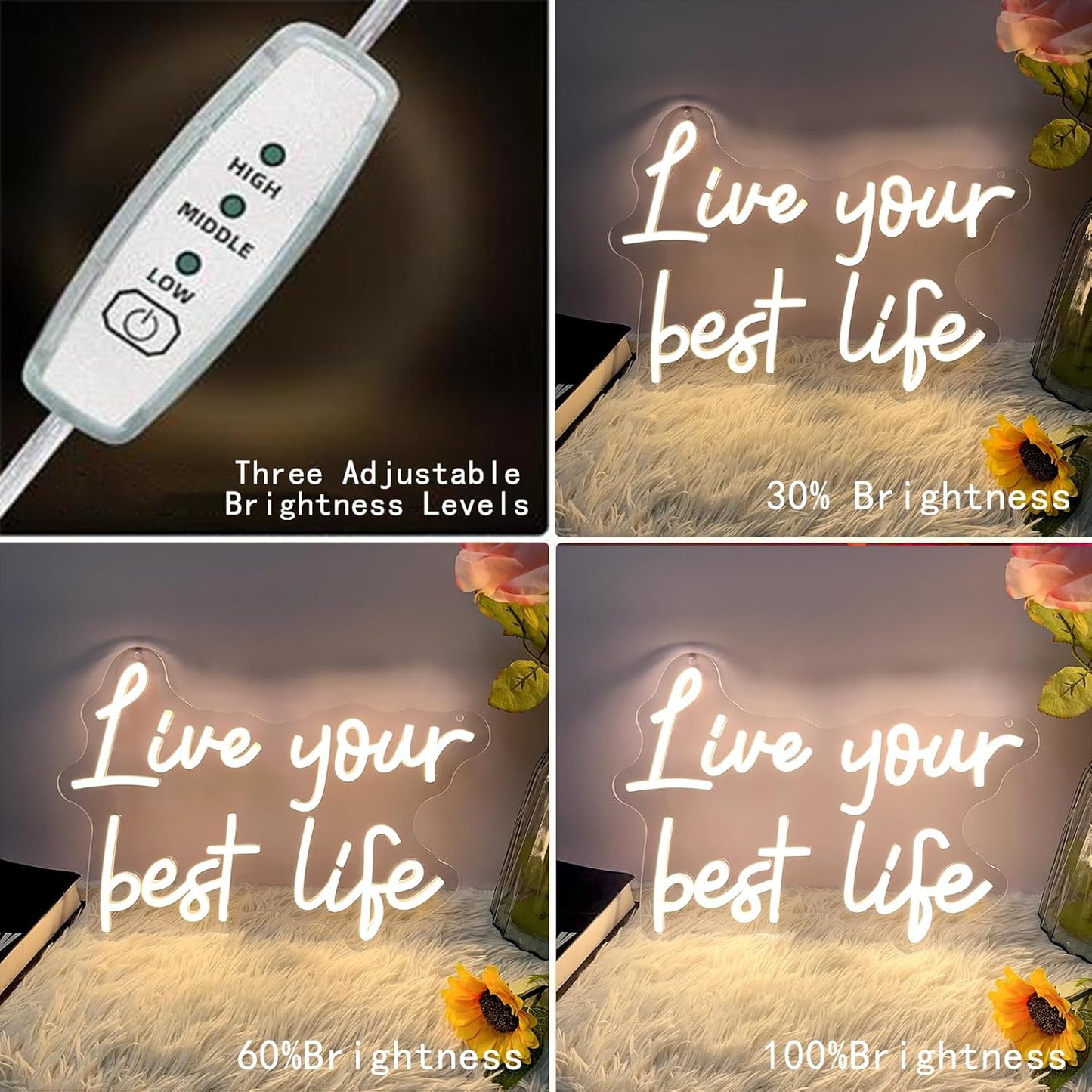 Live Your Best Life Neon Sign Dimmable Led Neon Lights for Wall Decor USB Encouragement Word Neon Light Up Signs for Bedroom Home Bar Office Study Room Wedding Birthday Party Teens Girls Gifts