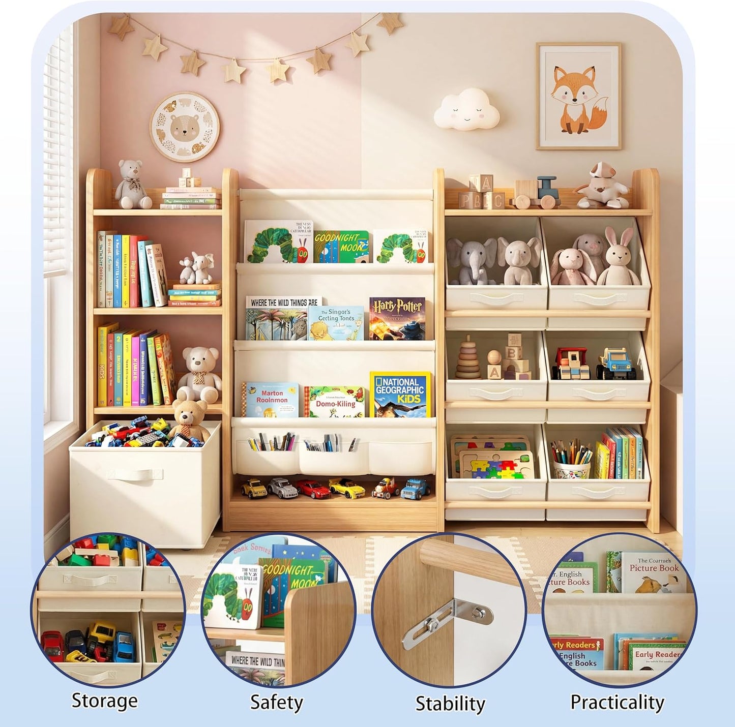 Kids Bookshelf and Toy Storage, Large Toy Storage Chest with Removable Bins, Kids Toy Storage Organizer, Sling Baby Bookcase, 4-Tier Book Shelf for Kids Room, Playroom, Classroom