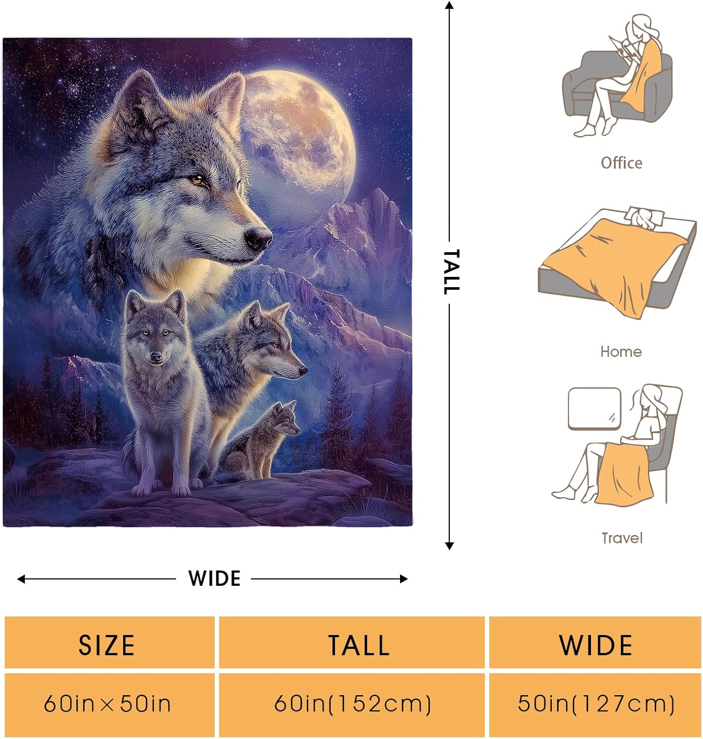 Wolf Starry Sky Moon Blanket for Adults Kids Mountains Trees Decor Gifts for Women Men Boys Girls Birthday Christmas Halloween Easter Dad Wife Mom Son Husband Boyfriend Throw Blanket 50"x60"