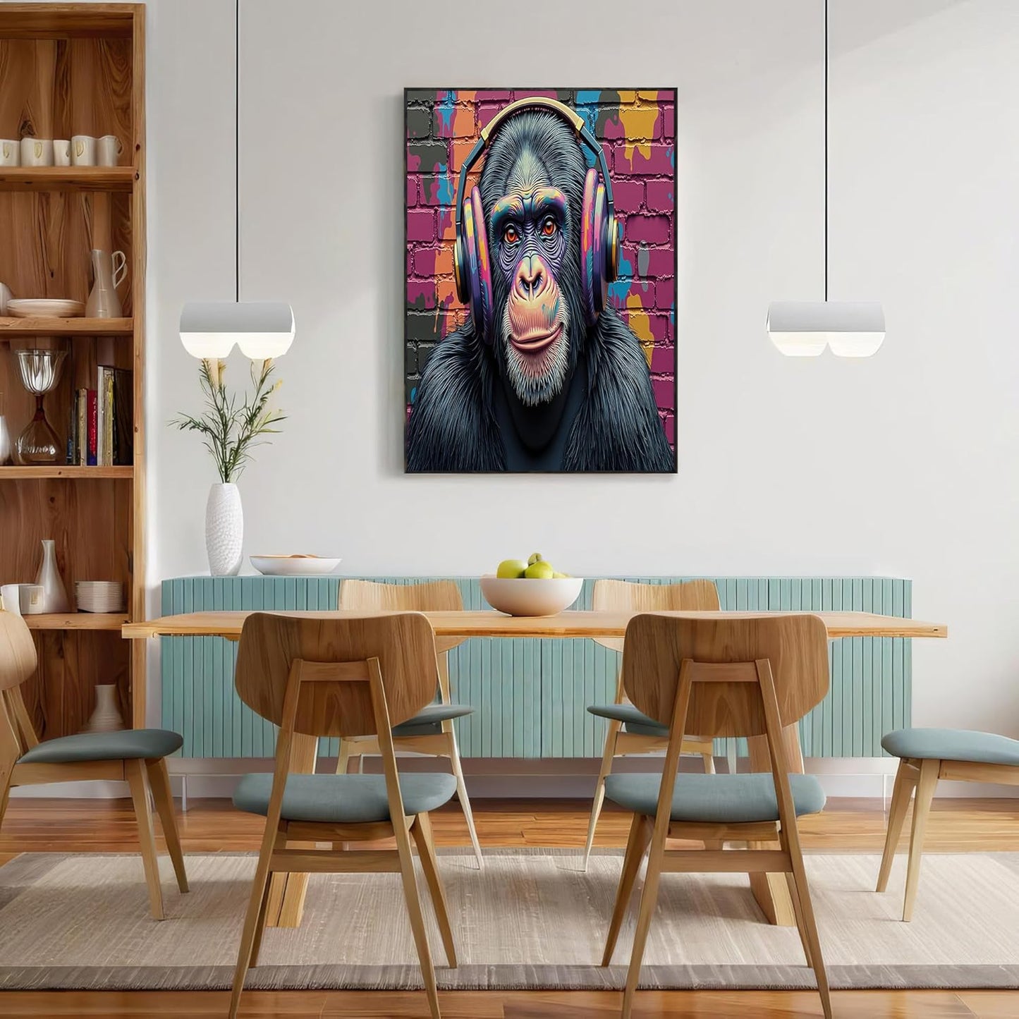 GDJSMIN Street Art Style Wall Art, Animal Monkey Wearing Headphones Poster for Reading Room Living Room Decor 24 x 36 inch Unframed