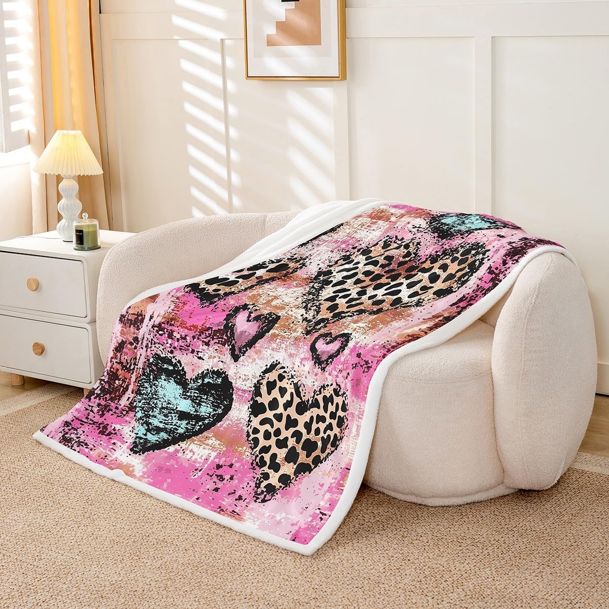 Feelyou Leopard Sherpa Blanket Boys Girls Twin 60"x80" Cheetah Fleece Throw Blanket for Kids Women Men Cute Love Heart Plush Blanket Animal Print Fuzzy Blanket Safari Flannal Blanket