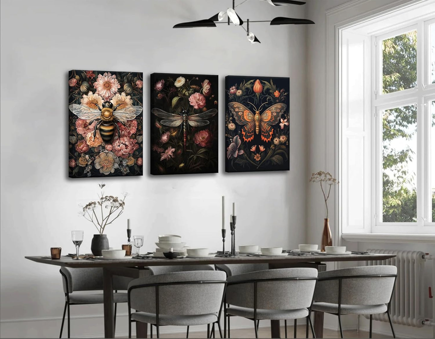 3pcs Dark Floral Canvas Wall Art Vintage Butterfly Dragonfly Bee Painting Picturts Wall Decor Gothic Dark Academia Aesthetic Posters Print Artwork for Bedroom Living Room Home Decoration 12x16in