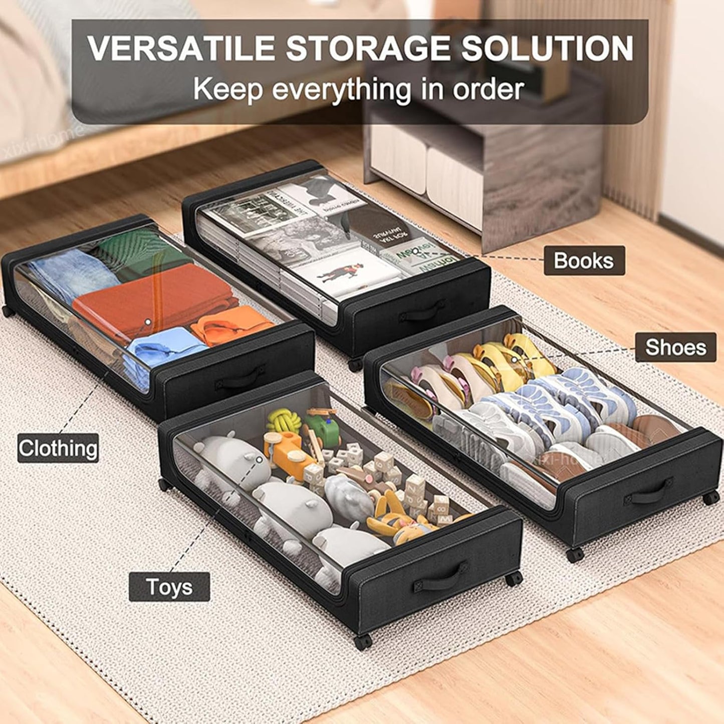 Under Bed Storage with Wheels,2 Pack Rolling Under Bed Storage Bins with Clear Lids and Handles,Underbed Shoe Storage Organizer,UnderBed Storage Containers for Clothes (Rectangular,Black)