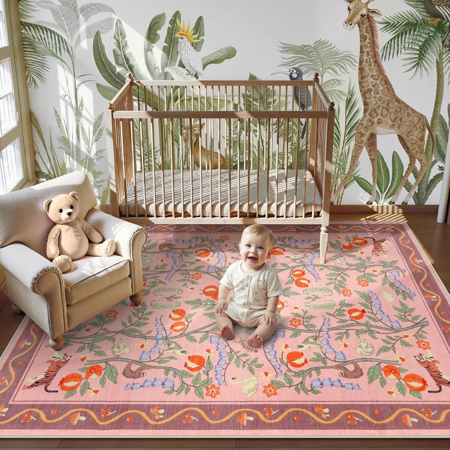OJIA Animal Print Washable Rugs 5x7 Nursery Rug, Soft Pink Playroom Rug Non-Slip Boho Area Rug, Ultra-Thin Modern Floral Living Room Carpet for Bedroom Kids Room Classroom Office