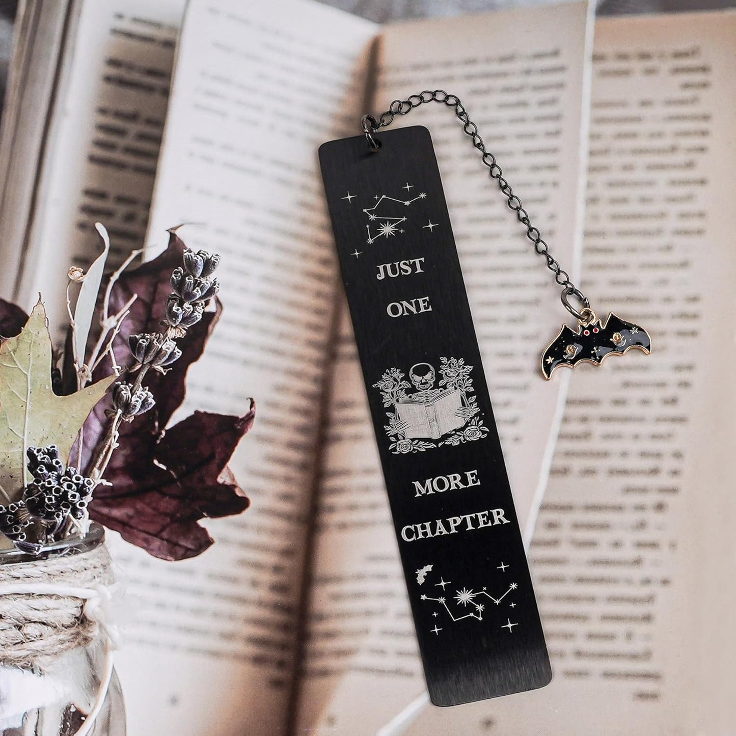 Gothic Skeleton Metal Bookmark Gifts - Just One More Chapter Bookmarks for Readers, Funny Book Lover Present for Birthday Halloween Christmas Graduation (Black)