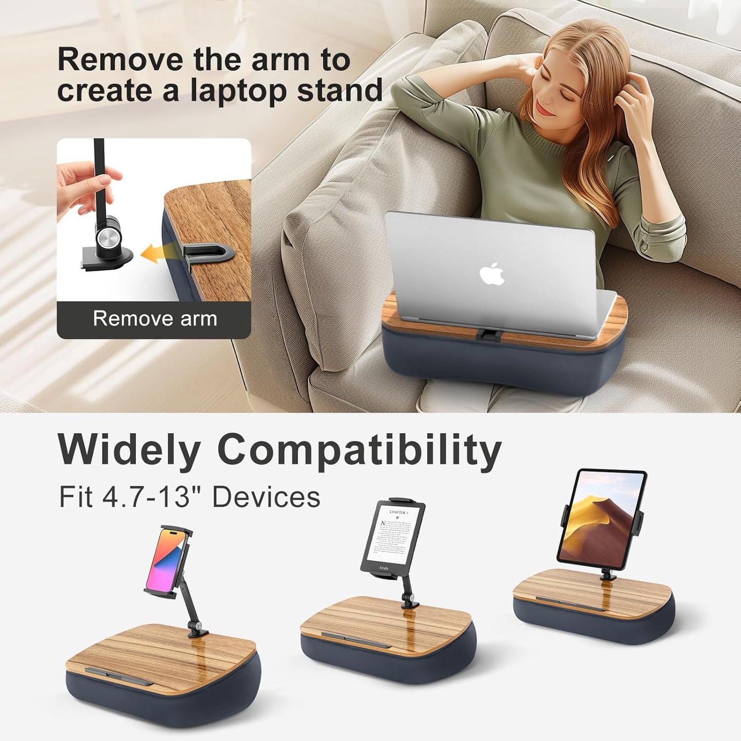 Lap Cozy Kindle Pillow Stand for Bed with Adjustable Arm, 360° Tablet Holder, Fits 4.7"-13" Kindle, iPad, Phone, Lap Desk for Hands Free Reading in Bed, Couch, Sofa,Gray