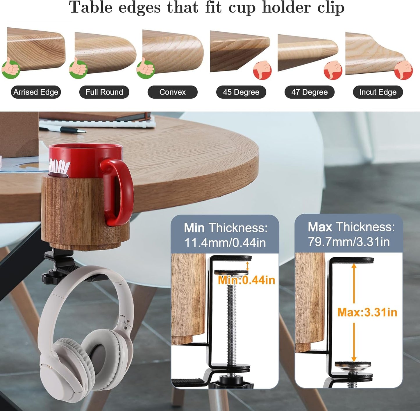 Nnewvante Desk Cup Holder, 2 in 1 360° Rotating Headphone Hanger Under Desk, 360° Anti-Spill Cup Holder, Table Cup Holder for Water Bottles, Gaming Desk Accessories - Acacia Wood