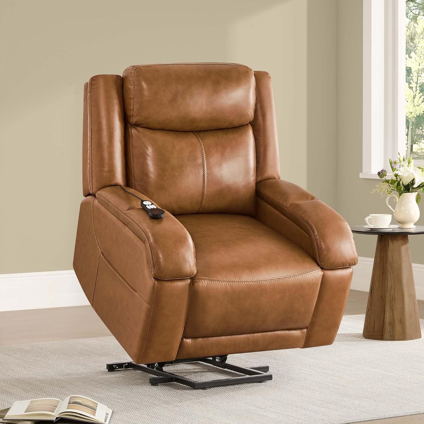 Genuine Leather Power Lift Recliner Chair with Heat and Massage Electric Lay Flat Chairs Headrest Visual Remote Control for Living Room Bedroom