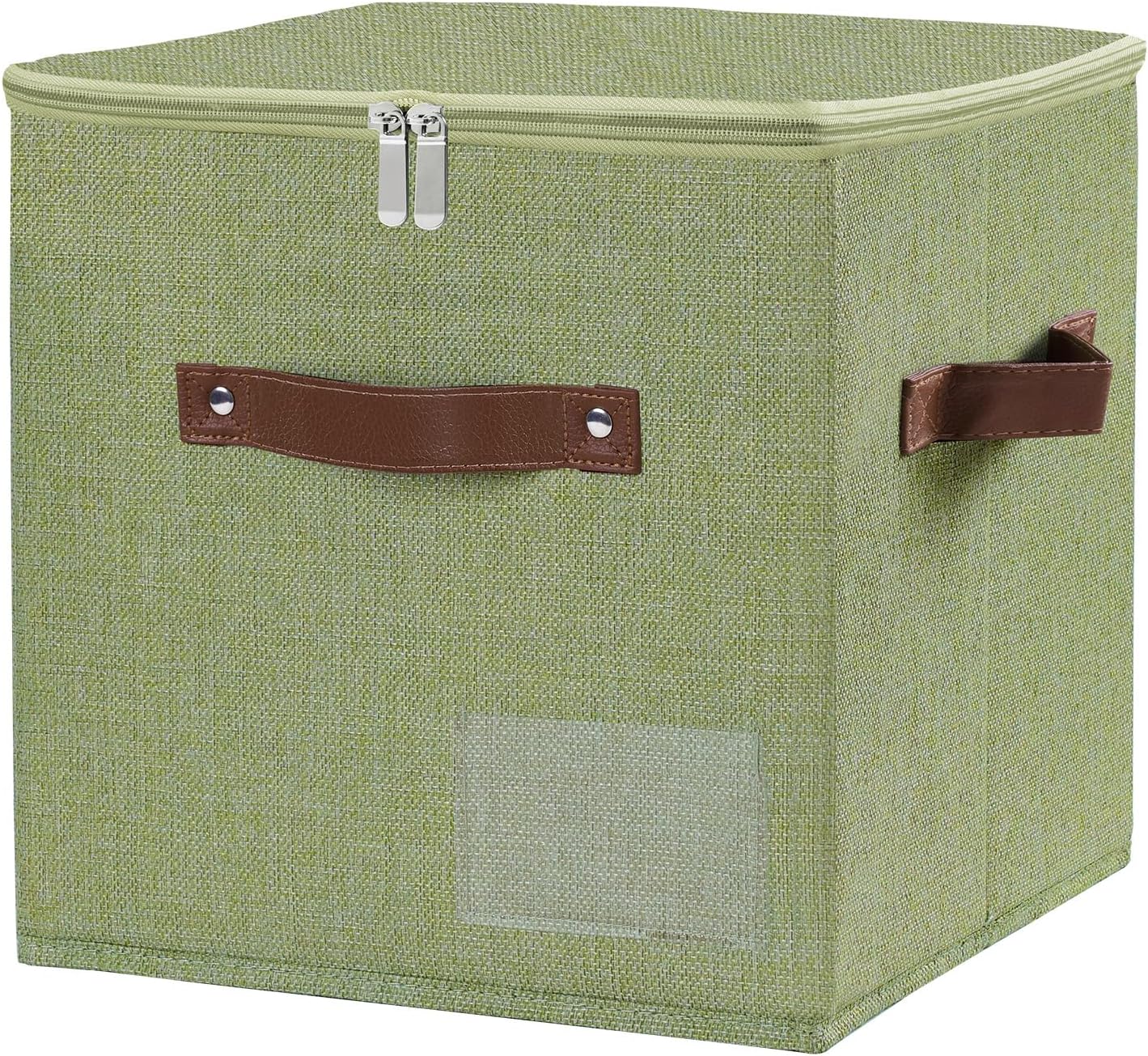 Storage Cubes with Zipper Lid, 11x11x11in Fabric Lidded Storage Boxes Baskets, 1 Pack Foldable Washable PU Leather Handle Cotton Linen Fabric Shelf Closet Organizer Container (Green, Label Pocket)
