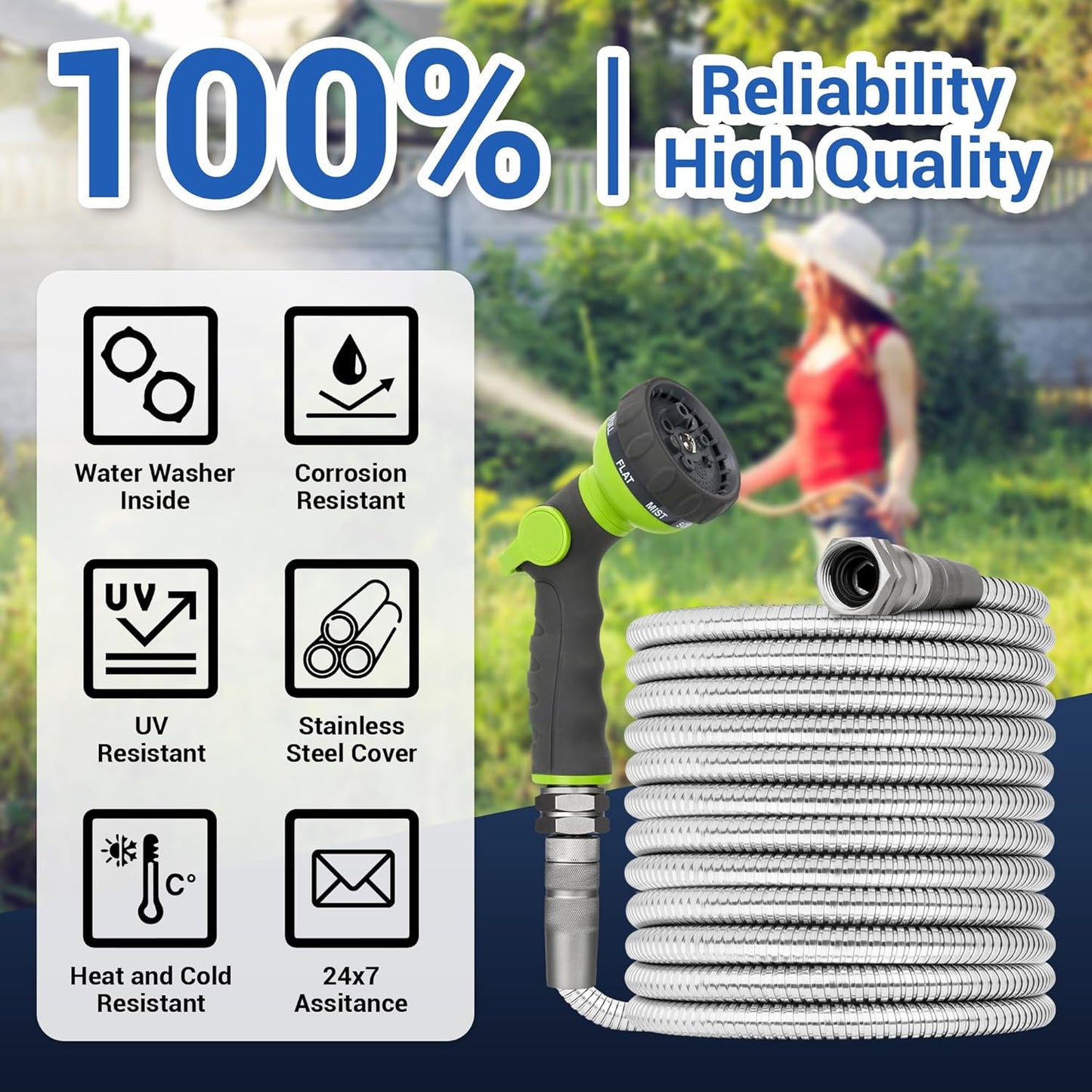 100 FT Stainless Steel Garden Hose – Long Reach 304 Steel Metal Water Hose, No-Kink, Leak-Proof Swivel Fittings, Puncture Resistant, 8-Pattern Nozzle for Large Yards, Driveways, Farm Tasks