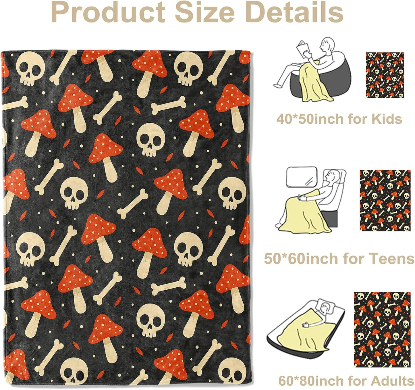 Spooky Mushroom Skull Throw Blanket, Lightweight Warm Flannel Blankets, Home Decor and Gifts, Soft Cozy Throws for Women Men, 50"X60" for Bed Couch Travel Office