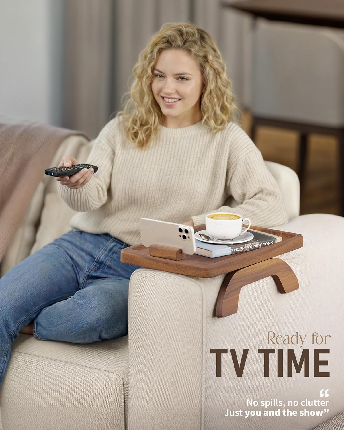 BLUEWEST Sofa Armrest Tray,15.4''x9.8'' Acacia Wood Couch Arm Clip on Tray Table with 360° Rotating Phone Holder –Fits Most Couch Arm Sizes–Non-Slip, Arm Table for TV Dinners, Remote, Drinks & Snacks
