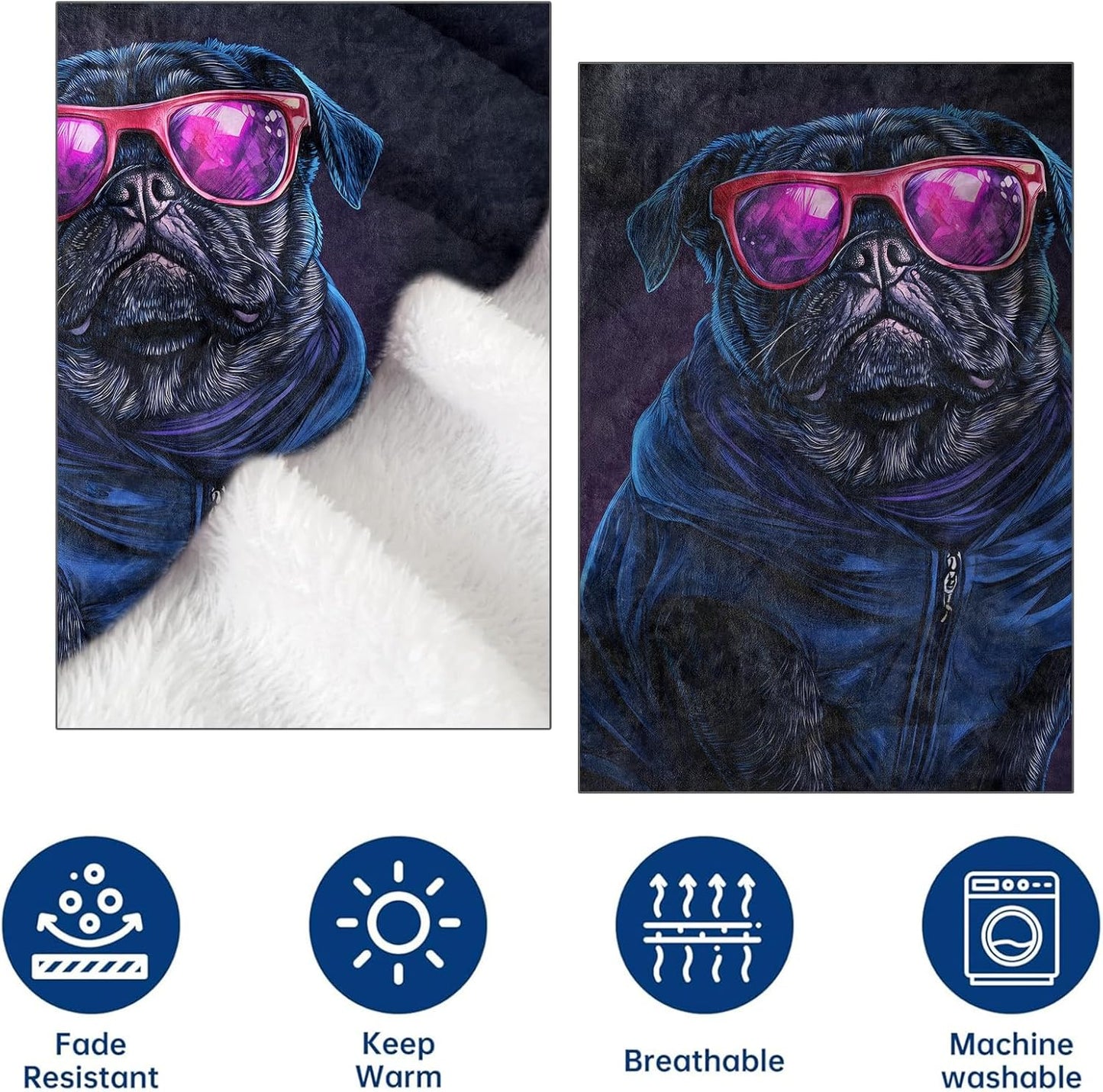 Cool Pug Skateboard Flannel Throw Blanket 50x60 Inch, Funny Urban Dog with Hoodie and Sunglass Blankets Soft Cozy Fleece Throws for Puppy Lover Bed Sofa Dorm Living Room Pet Home Decor Gifts
