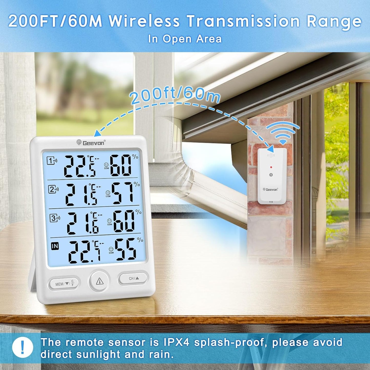 Geevon Indoor Outdoor Thermometer Wireless with 3 Remote Sensors, Digital Hygrometer Indoor Thermometer, Temperature Humidity Monitor Gauge with 200FT/60M Range (8649-WH)