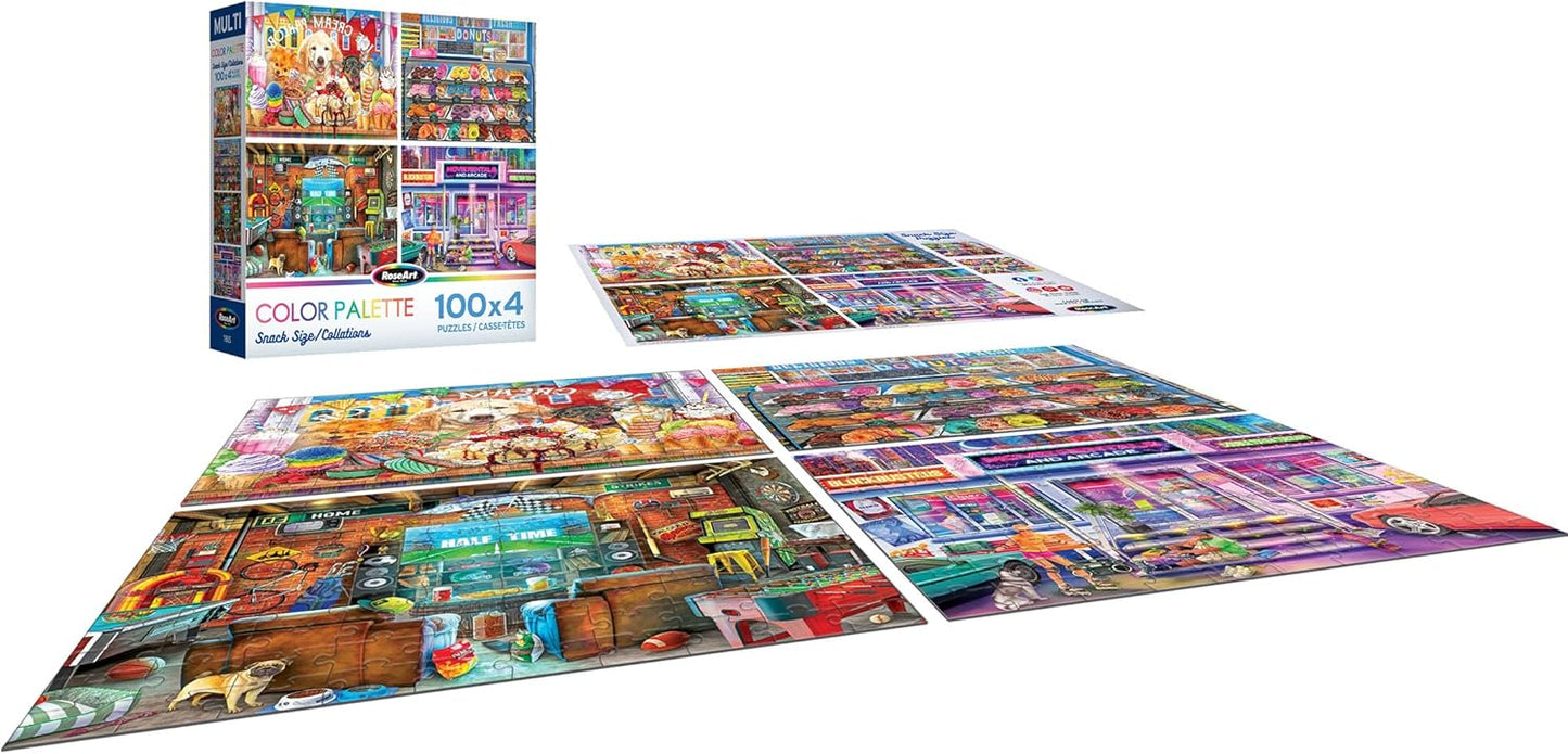 RoseArt - Snack Size Multi-Puzzle Set - Color Palette - 4 x 100 Piece Jigsaw Puzzle for Adults