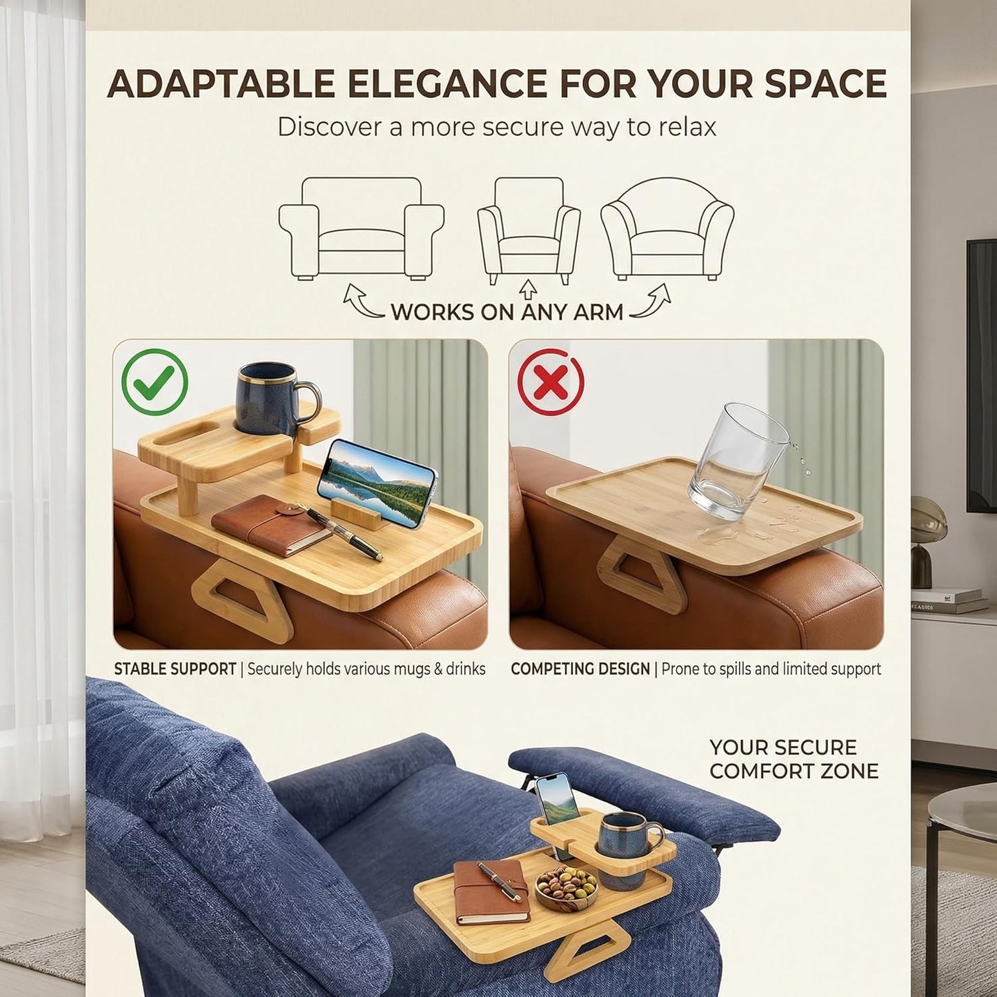 Wood Sofa Arm Tray Premium Bamboo Couch Armrest Tray with Phone Holder & Cup Holder | Sofa Side Table for Snacks, Drinks & Remote | 13.8"x9.8"x3.9" Folding Design