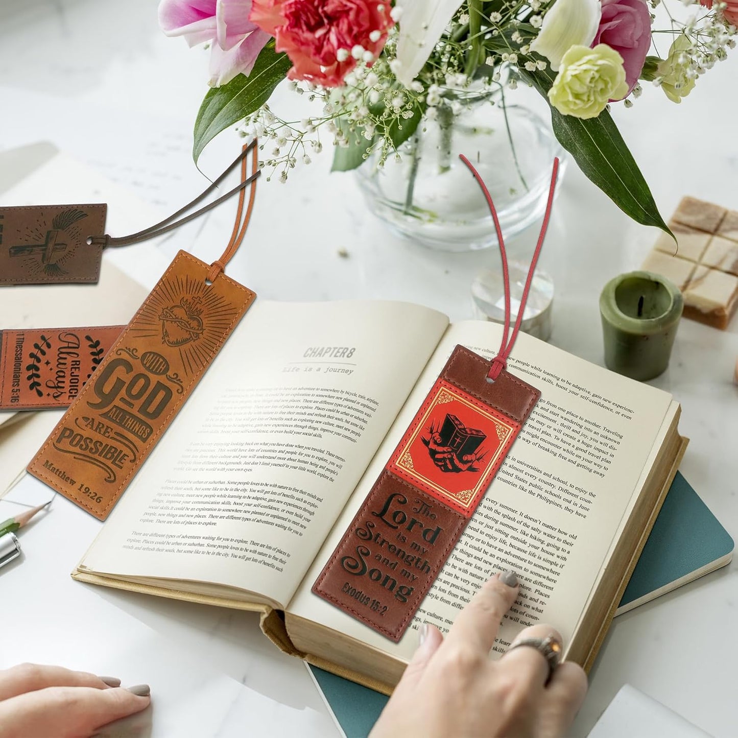4PCS Leather Bookmark Bible Bookmarks for Reading Women Men Teacher Book Lovers Gifts, Handmade Vintage Religious Christian Bookmark Page Markers Inspirational Bible Verse Scripture Book Marks