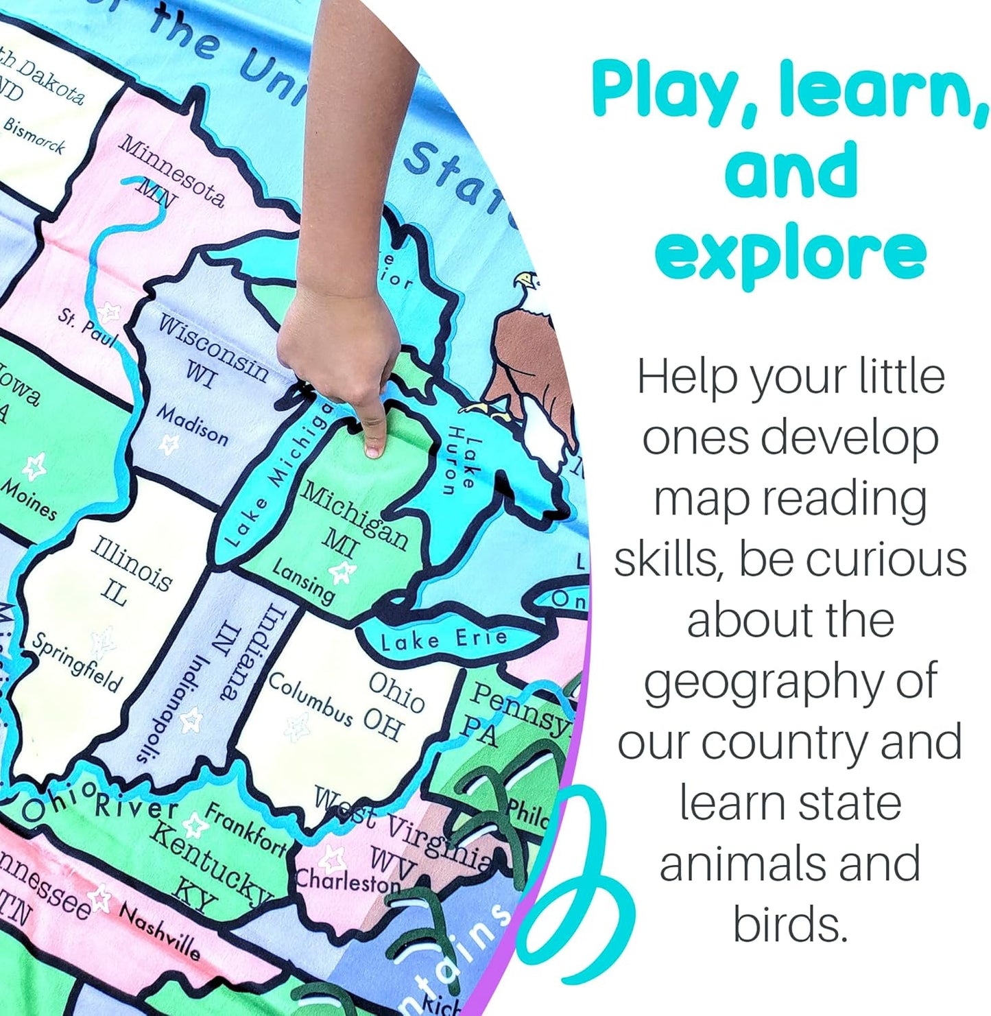 Birdy Boutique – 50 States Learning Blanket® – Double-Sided Throw – U.S. Geography Educational Blanket for Kids – Soft Minky Fleece 50" x 60" PreschoolBlanket – USA Map & State Facts for Toddlers