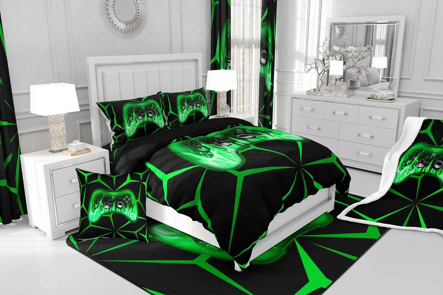 Feelyou Kids Gamer Sherpa Blanket,3D Video Gaming Fleece Throw Blanket for Teens Boys,Green and Black Game Console Plush Blanket,Geometric Game Contoller Fuzzy Blanket for Sofa Bed Couch 90"x90"