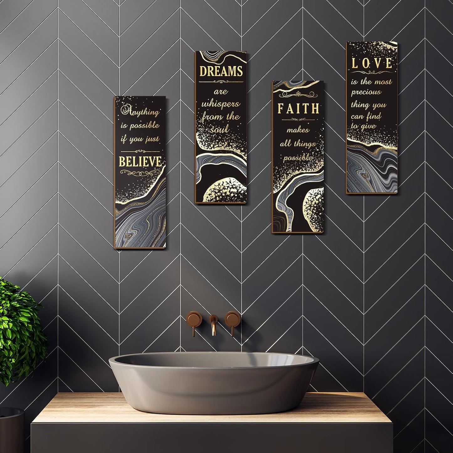 Chitidr 4 Pcs Golden Bathroom Wall Decor Inspirational Quote Wooden Sign Gold Art Signs Love Faith Believe Dream Wall Decor for Living Room Bathroom Accessories(14.17 x 4.72 Inch,Black and Gold)