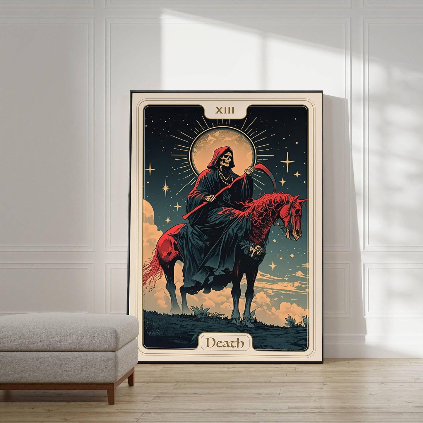 Death Tarot Card Art Print, Gothic Home Decor, Thirteen Arcana Wall Decor, Mystical Night Scene Divination Art Nouveau Dark Academy Design Decor Gift(L18 xW12-CANVAS)