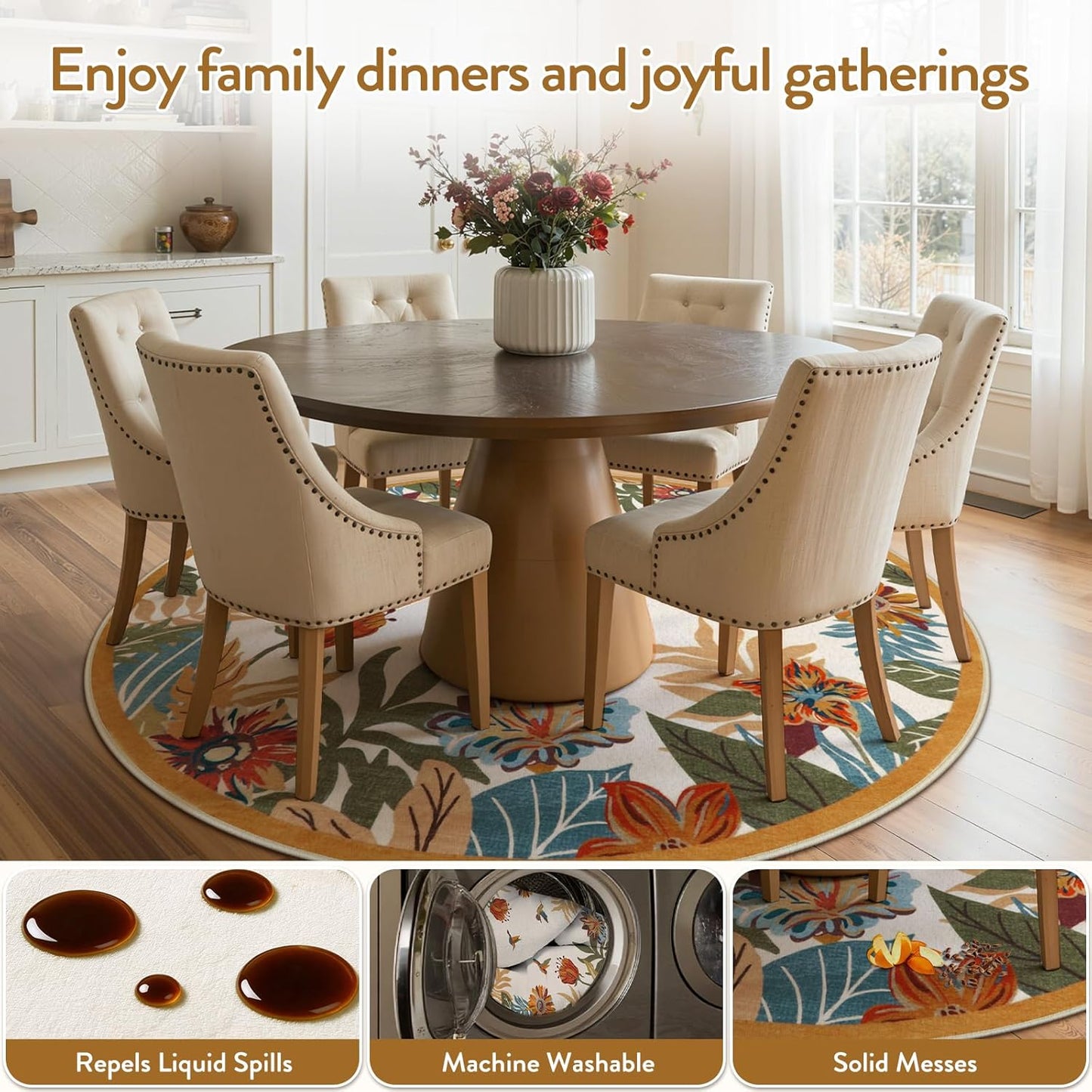 Beeiva Floral Round Area Rug 4ft for Bedroom - Yellow Washable Circle Dining Room Rugs for Under Table, Circular Flower Print Fall Rug Small Carpet for Reading Corner Decor(Yellow,Round 4')