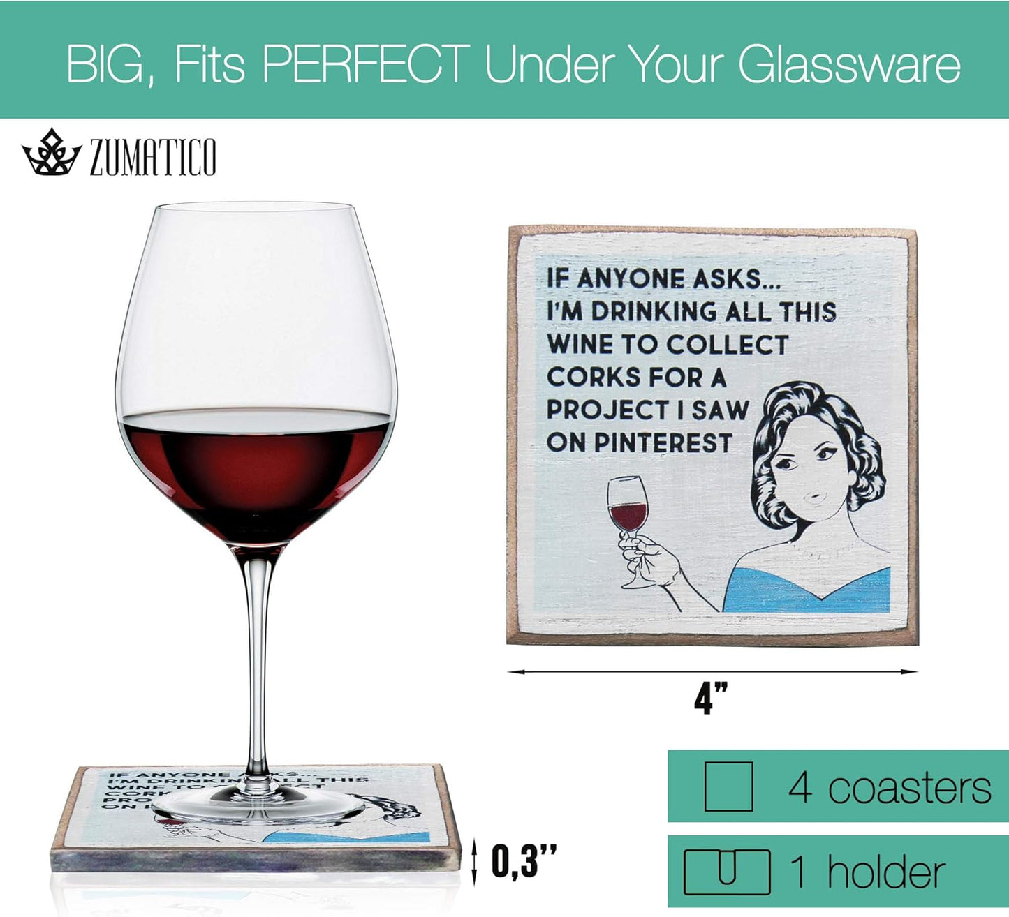 Wine Coasters with Holder - Funny Gifts for Women - Hostess Gifts - Housewarming Gifts for Wine Lovers - Wine Accessories (Funny Wine)