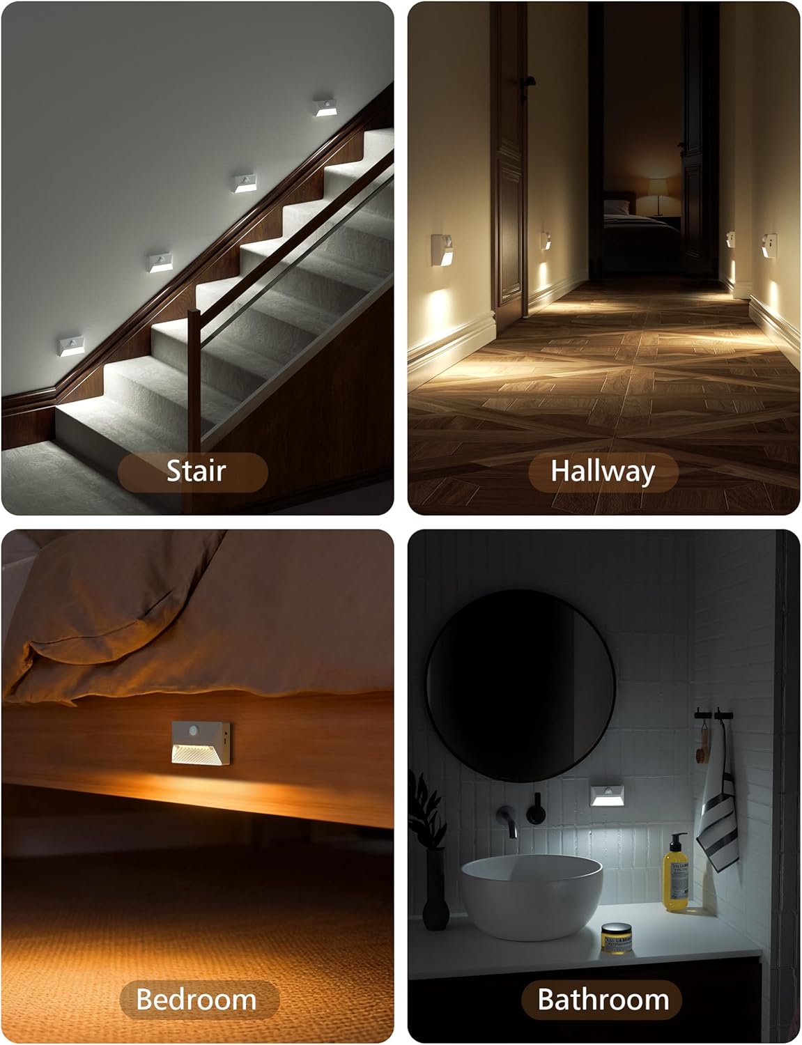 NIORSUN Motion Sensor Stair Lights Indoor, 2000mAh Battery Operated Night Light, 3 Color Temperature with Light Sensor for Stairway, Hallway, Bathroom, Kitchen, Bedroom White 4 Pack