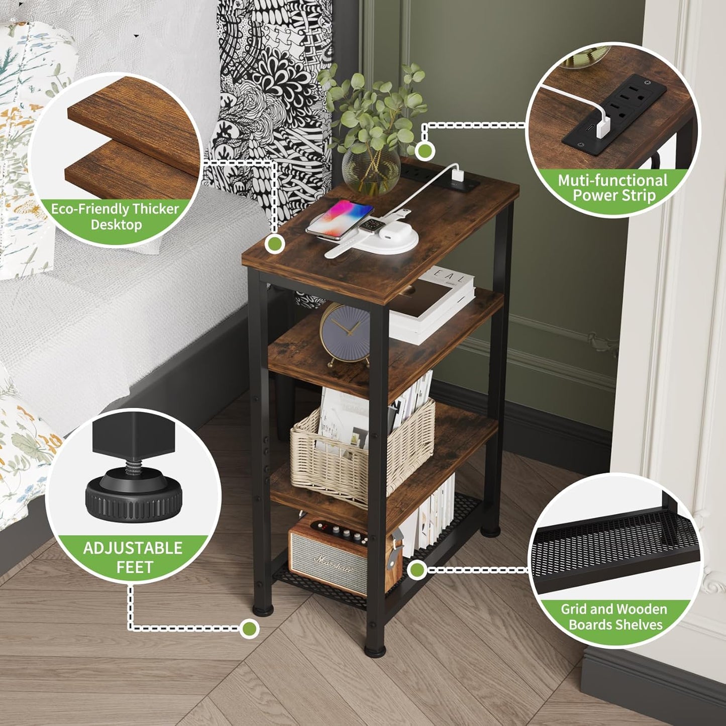 Narrow Nightstand with 4-Tier Shelves, Small Side Table with Charging Station, Skinny Nightstand with Bookshelf, Thin End Table with USB Ports and Outlets, Bed Side Table for Bedroom, Home Office