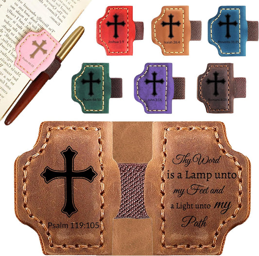 Personalized Leather Bookmark with Pen Holder - Magnetic Bible Verse Design, Christian Book Lovers Reading Accessory, for Book Lovers Men Women (Brown, Psalm 119:105)