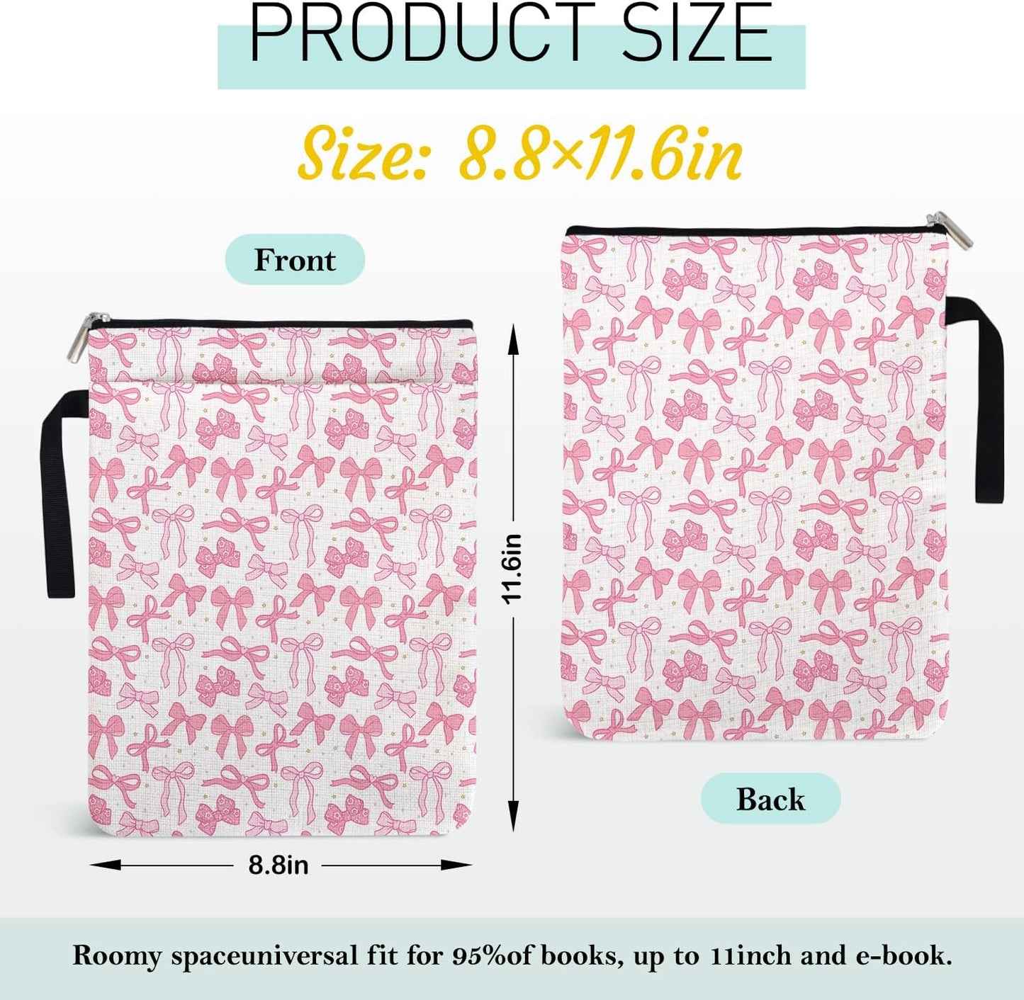 Preppy Coquette Pink Bow Books Book Sleeve Gifts for Women Librarian Book Lovers Bookish Group Club Friends Teachers, Cute Pink Book Cover with Zipper Front Pocket Handle for paperbacks 9 x 12 Inch