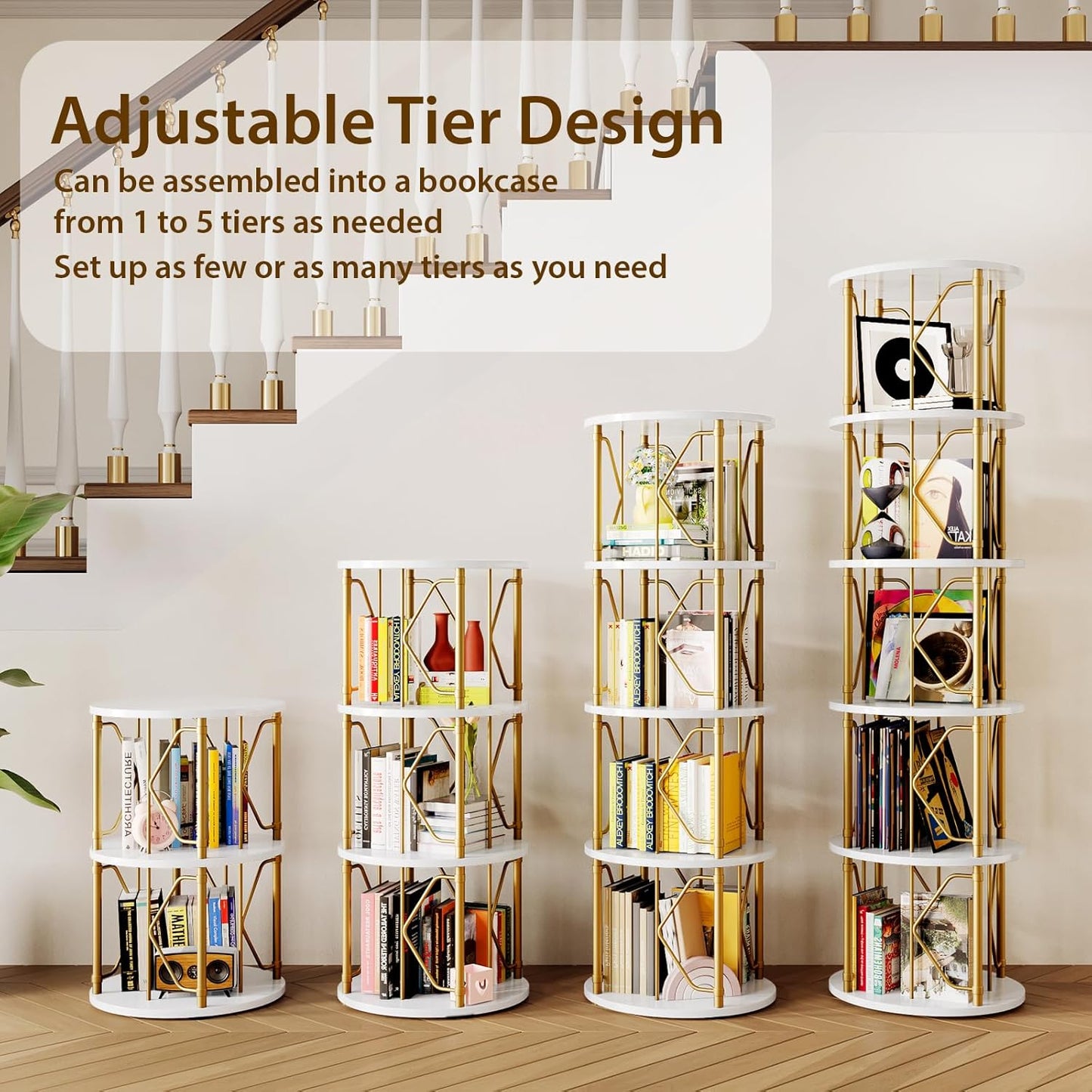 3 Tier Rotating Bookshelf Tower, Revolving Bookcase, 360° Round Spinning Book Shelf, Narrow Swivel Bookshelves Vertical Turning Corner Bookshelf Organizer for Bedroom, Living Room, Gold & White