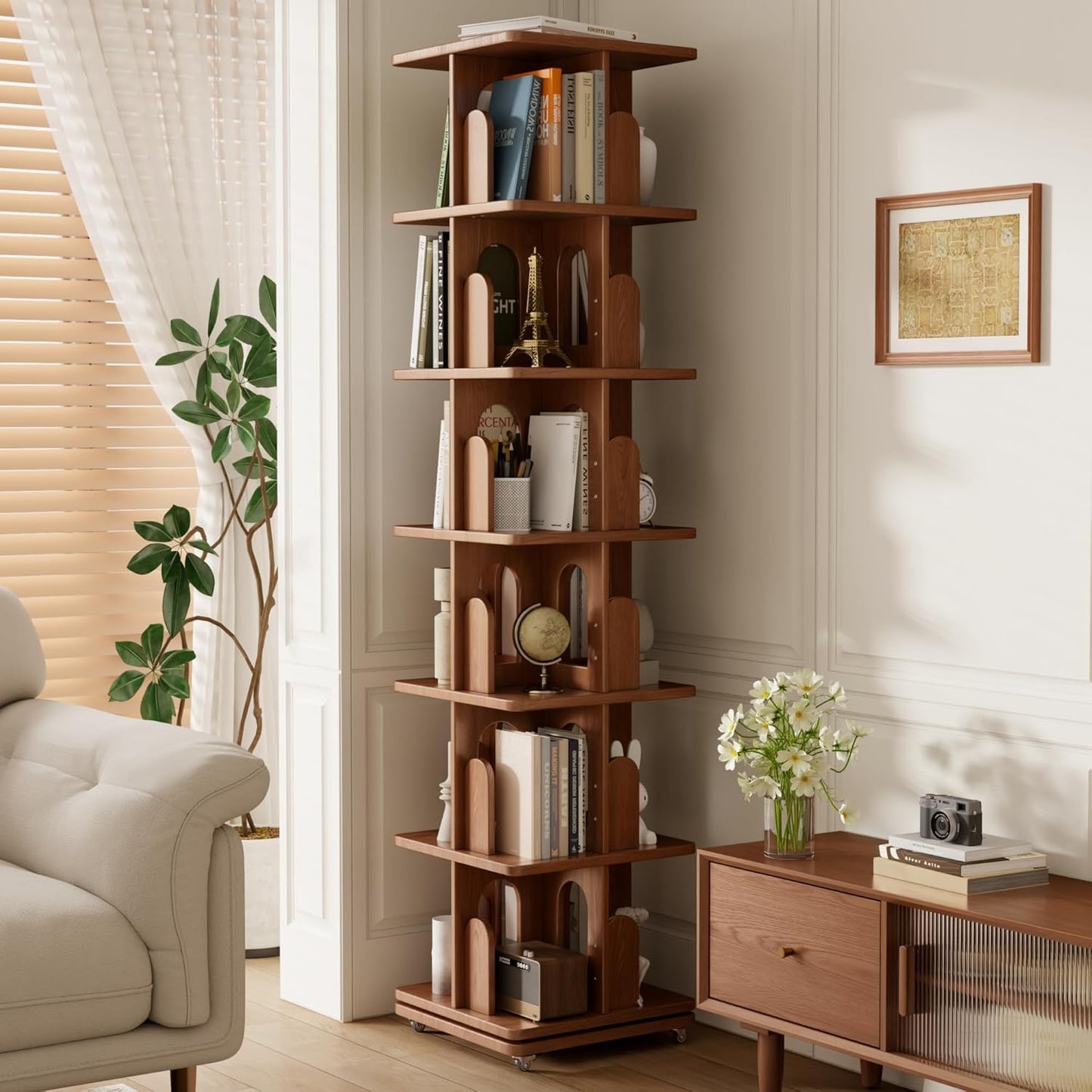 Solid Wood Rotating Bookshelf Tower with Book Ends, 6 Tier Corner Book Shelf with Wheels, Spinning Bookshelf Kids, Revolving Bookcase Shelf, Tall Narrow Book Case for Small Spaces, Walnut