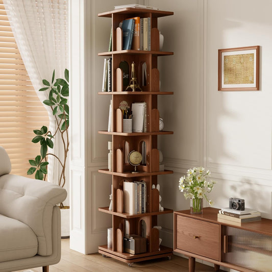 Solid Wood Rotating Bookshelf Tower with Book Ends, 6 Tier Corner Book Shelf with Wheels, Spinning Bookshelf Kids, Revolving Bookcase Shelf, Tall Narrow Book Case for Small Spaces, Walnut
