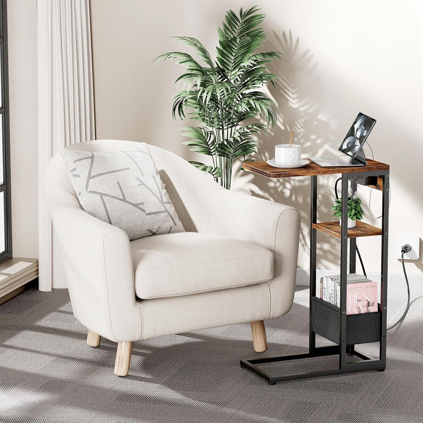 C-Shaped End Table with Charging Station — 3-Layer, Storage Bag, AC Outlet, USB Ports, Slide-Under Sofa Desk