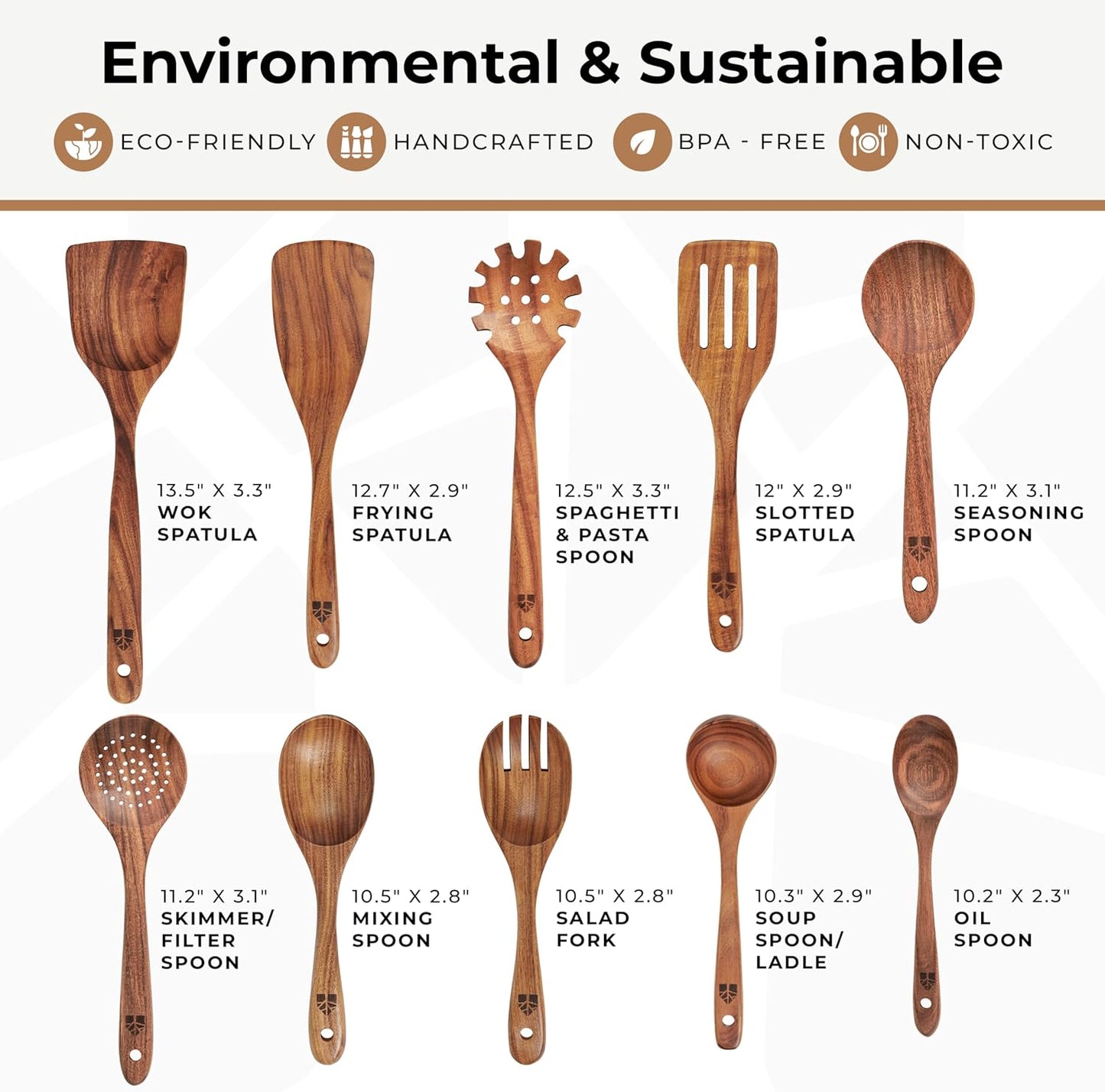 Wooden Spoons for Cooking – 10 Pc Teak Wood Utensil Set, Durable, Nonstick Safe & Heat Resistant with Ergonomic Handles