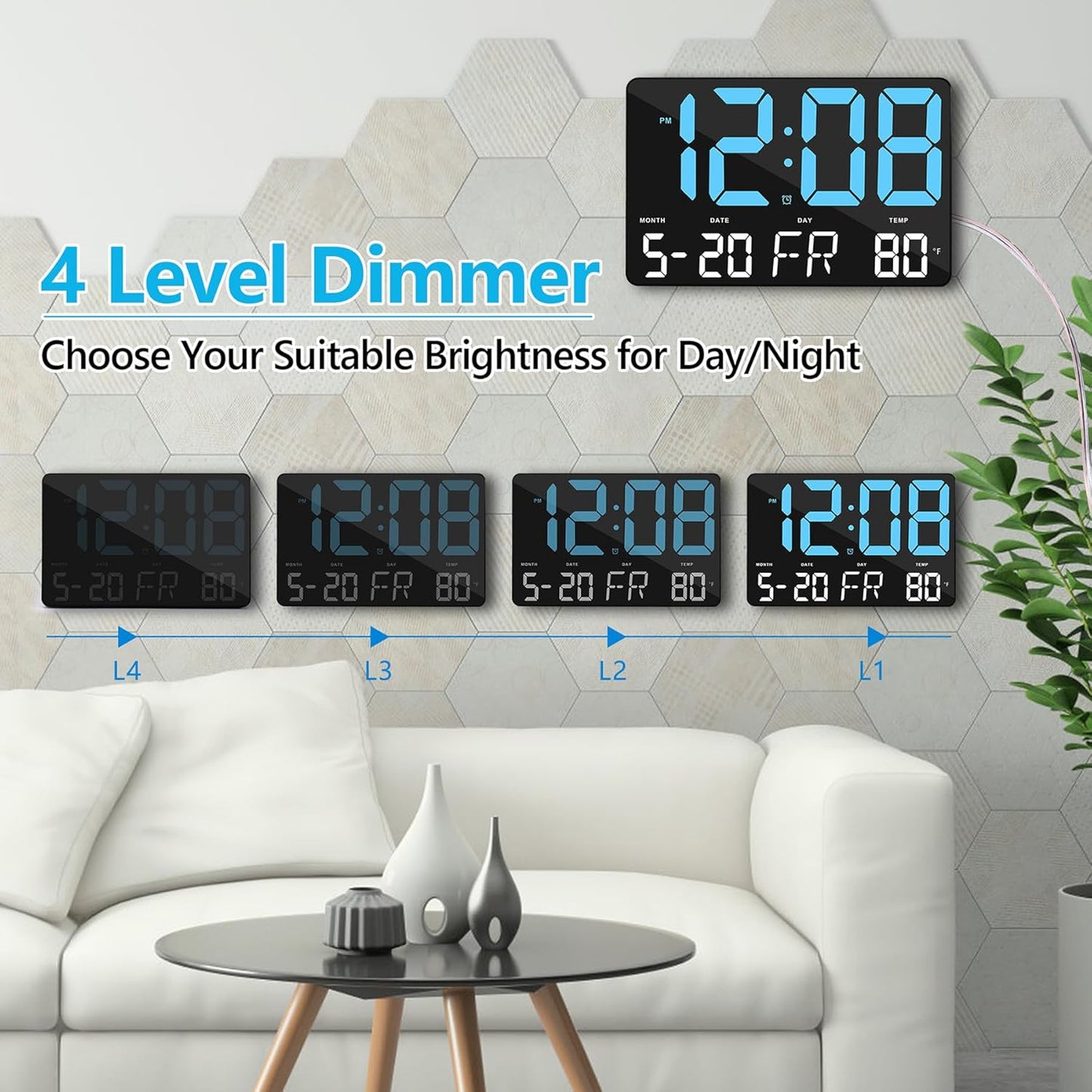 Amgico Digital Alarm Clock with Snooze, Temperature, Auto Dimming, 11.5" Large Display Calendar, Desk/Wall Clock for Bedroom, Living Room, Office, Home, Classroom, Kids, Elderly - Blue