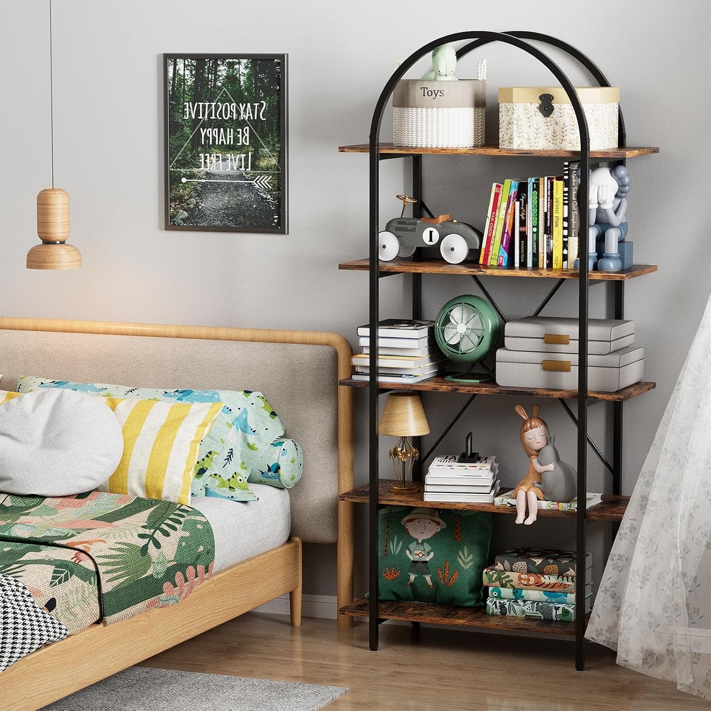 Arched Bookshelf 5 Tier Book Shelf, 31.5 Inch Width Industrial Arch Bookcase, Curved Tall Bookshelf with Open Shelves for Home Office, Living Room, Bedroom, Rustic Brown