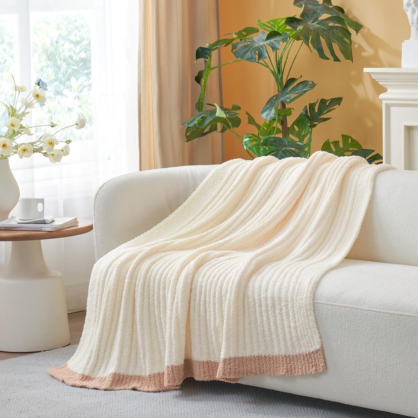 Snuggle Sac Buttery Soft Throw Blanket for Couch, Winter Fluffy Cozy Soft Throws Dupes for All Season, Reversible Warm Microfiber Fuzzy Blankets for Couch, Sofa, Bed, Travel, Cream, 50x60 inches