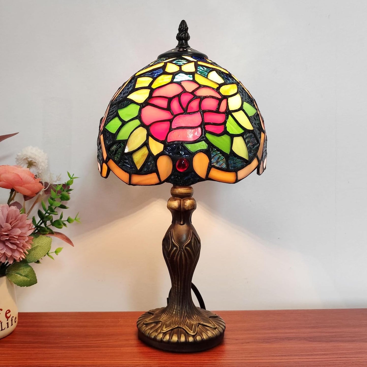 Tiffany Table Lamp Red Heart Rose Flower Stained Glass Lamp 3-Way Decorate Reading Light for Home Living Room Nightstand Bedroom Office Include Light Bulb
